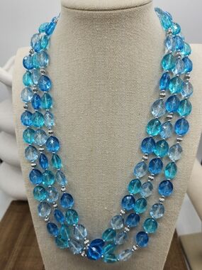 Blue & Teal Faceted Bead Triple-Strand Necklace • Silvertone • 12" Length